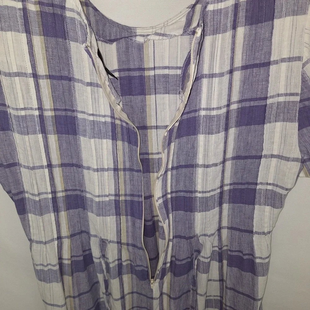 Vintage 90s Periwinkle White Plaid Linen Blend Dress 12 VTG Midi Cottagecore - Picture 13 of 16